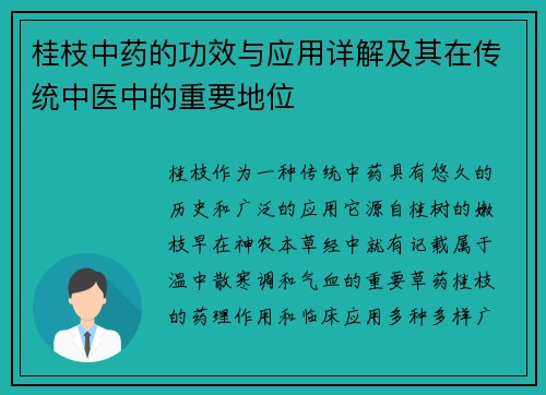 桂枝中药的功效与应用详解及其在传统中医中的重要地位
