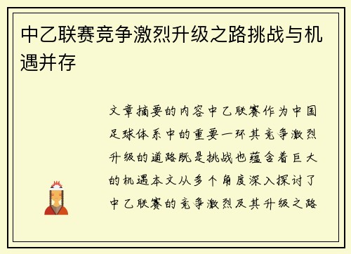 中乙联赛竞争激烈升级之路挑战与机遇并存